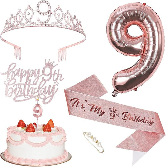 9th Birthday Decorations for Girls, Including Sash, Crown Tiara, Candles, Cake Toppers, 9rd Birthday Gifts for Girls