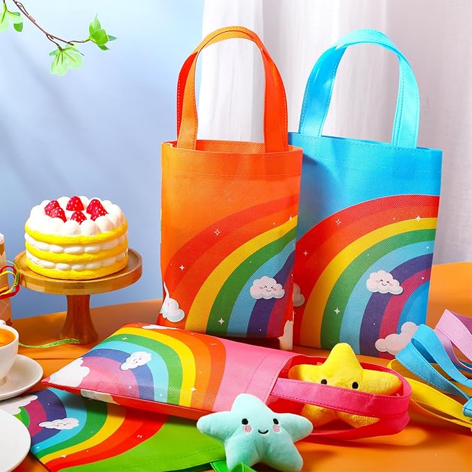 Kajaia 32 Pcs Rainbow Party Favor Bags Rainbow Goodie Bags Reusable Non-woven Pouches with Handle for Baby Shower Birthday Party Supplies, 8 Colors