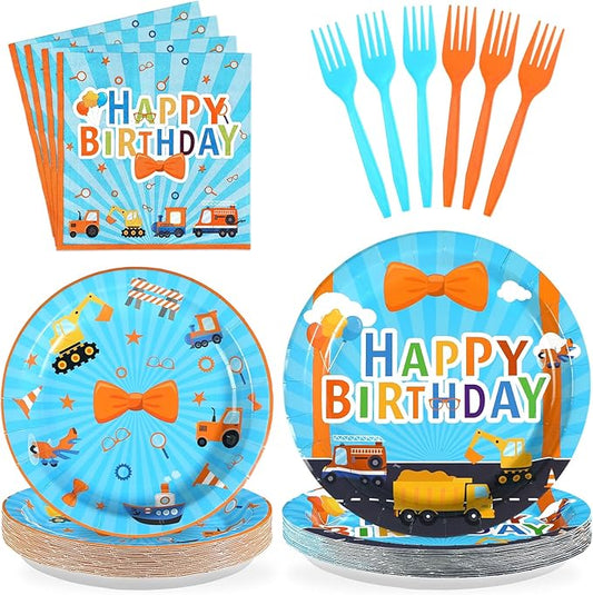 96 Pcs Blue Orange Cartoon Party Supplies Cartoon English Teacher Paper Plates Blue Orange Birthday Party Tableware for Boy Girl Kids Thank You Teacher Graduation Themed Parties Decor Serves 24