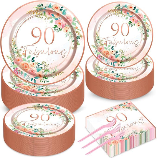 50 Guests 90th Party Decorations Plates Napkins Rose Gold Party Tableware Set Fabulous Party Supplies Women 90th Birthday Floral Paper Plates Napkins 200PCS