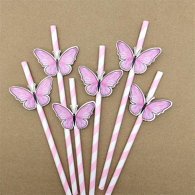 20pcs Butterfly Stripe Paper Straws Anti Wrinkle Straw Butterfly Floral Decor Disposable Party Straws Drinking Straws Set for Valentine's Day Brithday New Year Party Decoration Supplies