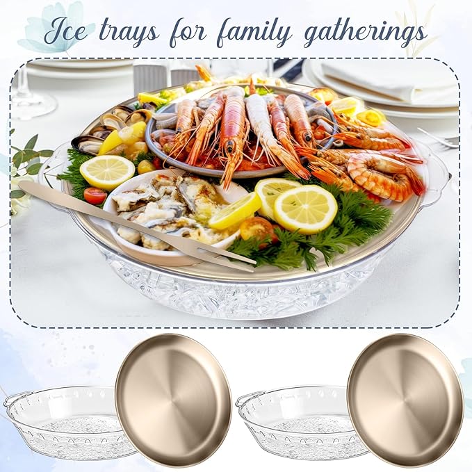 Baderke 2 Sets 11.8" Chilled Serving Tray for Parties Round Iced Platter with Ice Underneath Stainless Steel Clip Fruit Fork Shrimp Cocktail Serving Dish for Oysters Crawfish Fruits (Champagne Gold)