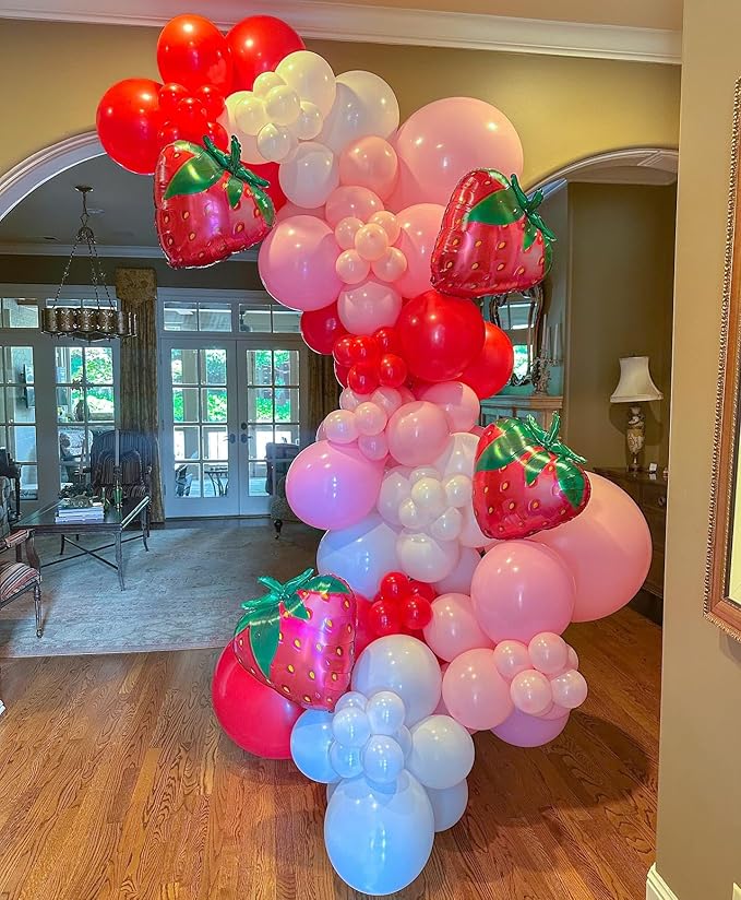 240pcs Strawberry Balloon Arch Garland Kit, Red and Pink Balloons with Strawberry Foil Balloons for Girls Sweet One Berry First Birthday Baby Shower Valentine's Day Party Decorations