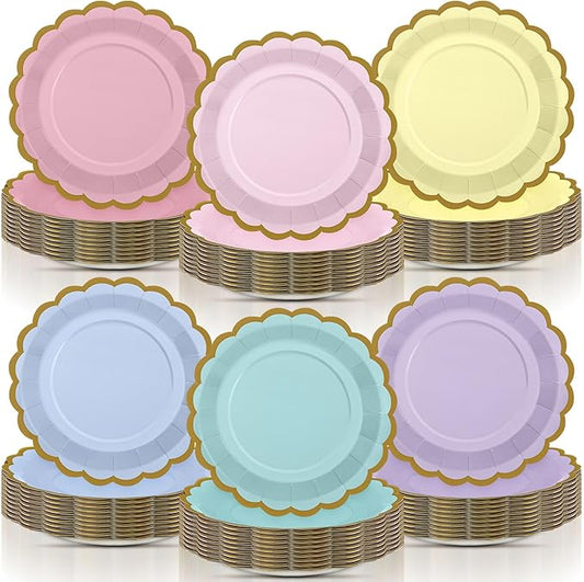 96 Pcs Pastel Paper Plates 9 Inch Colorful Gradient Scalloped Paper Disposable Dinner Dessert Plates for Birthday Wedding Bridal Party Supplies, 6 Colors