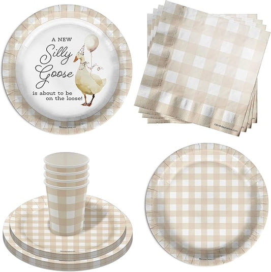 Birthday Galore A Silly Goose Is On The Way Baby Shower Party Supplies - 64 Piece Baby Shower Tableware Set Includes Large 9" Dinner Plates and 8" Dessert Paper Plates Napkins Cups - Kit for 16