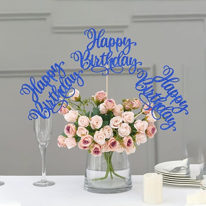 12 PCS Happy Birthday Centerpiece Sticks Double Sided Glitter Happy Birthday Table Flower Centerpieces Decorations for Celebrating Anniversary Theme Party Centerpieces Supplies Dark Blue