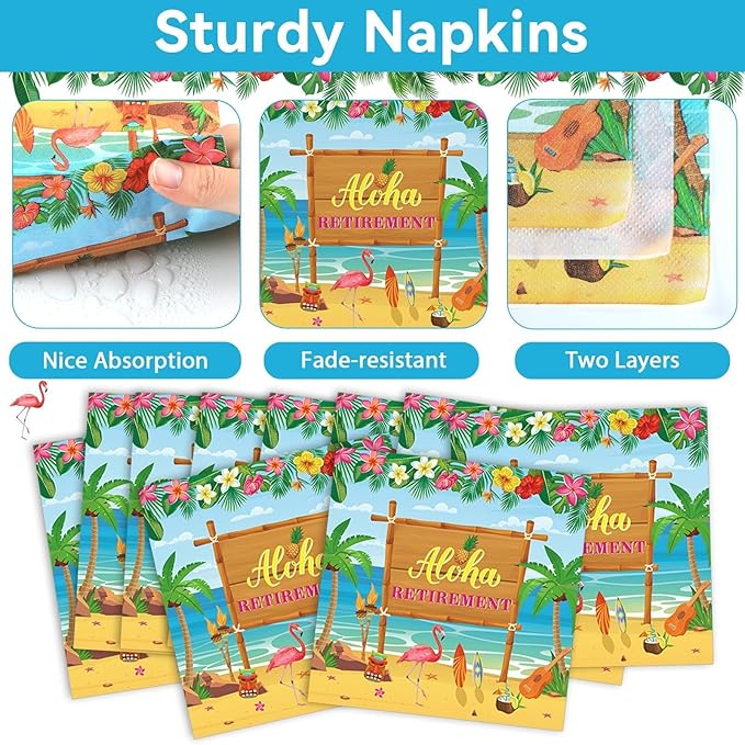 Tropical Hawaiian Luau Happy Retirement Party Decorations Aloha Retirement Party Plates Napkins Beach Paper Plates Summer Aloha Disposable Dinnerware for Hawaiian Beach Theme Decors Supplies Serve 24