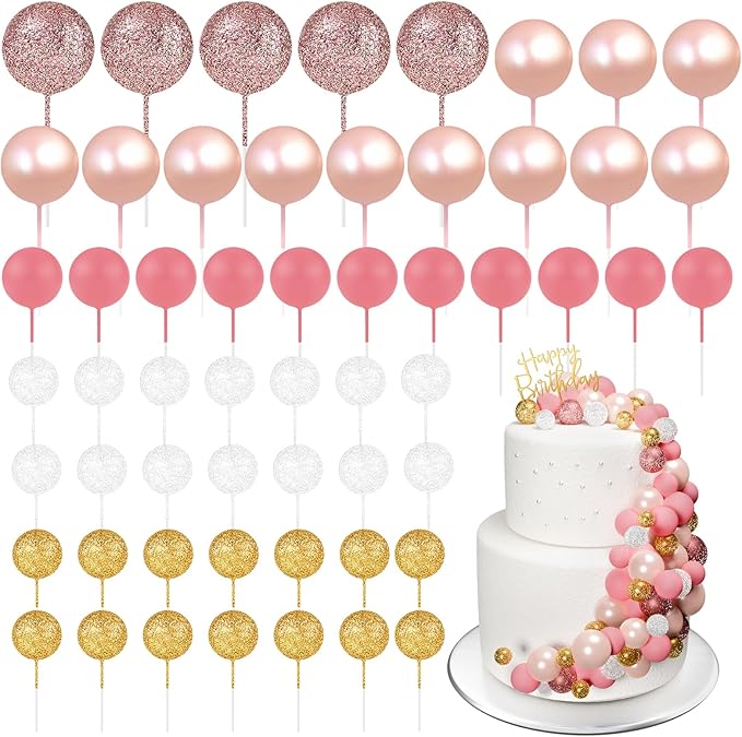 60Pcs Glitter Cake Balls Decorations Foam Cake Topper Balls Mini Balloon Cupcake Toppers for Cake Decorating Birthday Baby Shower Party (Glitter Pink Gold White)