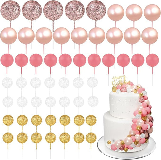 60Pcs Glitter Cake Balls Decorations Foam Cake Topper Balls Mini Balloon Cupcake Toppers for Cake Decorating Birthday Baby Shower Party (Glitter Pink Gold White)