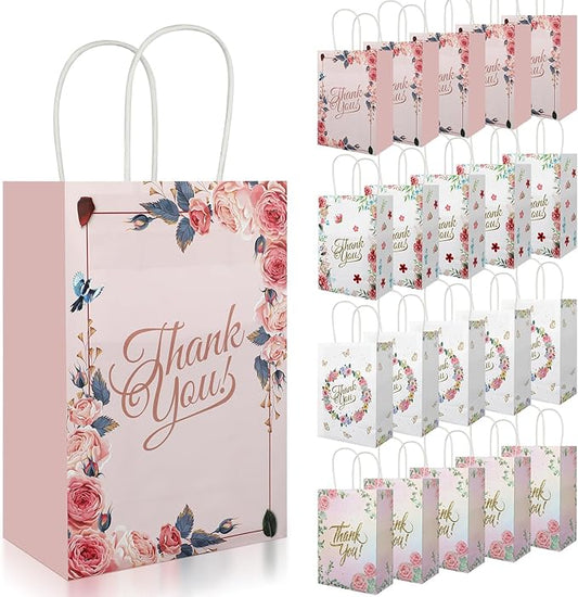 Ethanberg 20Pcs Thank You Gift Bags Floral Design with Handles, 8.2" x 5.8" x 3.15" Thank You Kraft Paper Bags for Business, Boutique, Wedding, Birthday, Party Return Favor