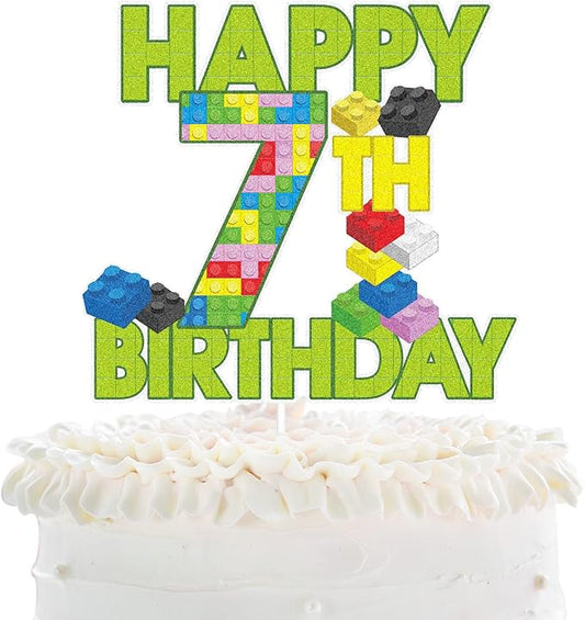 Happy 7th Birthday Building Block Cake Topper - Puzzle Games 7th Birthday Party Green Cake Topper Supplies - Building Block Party Decoration For Adult