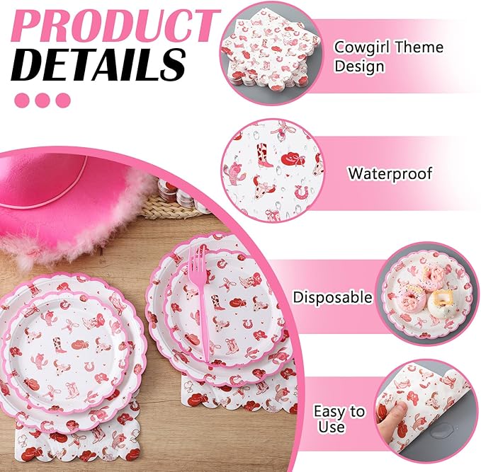 AmazingSpark 122 Pcs Pink Cowgirl Birthday Party Supplies Western Cowgirl Plates Napkins and Fork Disposable Bowknot Rodeo Tableware Set for Girls Baby Shower Wedding Bachelorette Decoration, Serve 24
