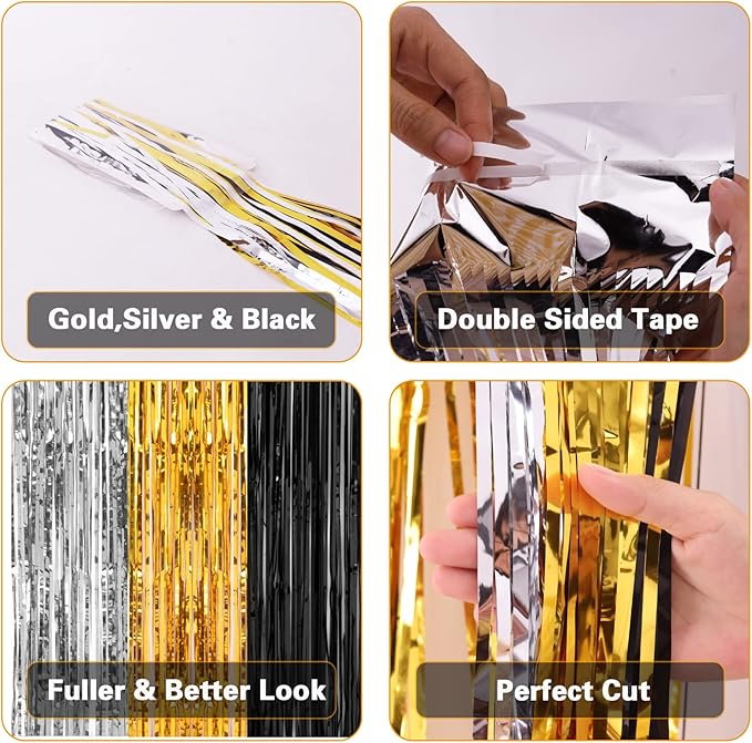 PIGETALE, 2 Pack 3.2x8.2 Feet Silver Black and Gold Tinsel Foil Fringe Curtains Streamers Backdrop for Bridal Baby Shower Wedding Engagement Birthday Graduation Bachelorette Holiday Party Decorations