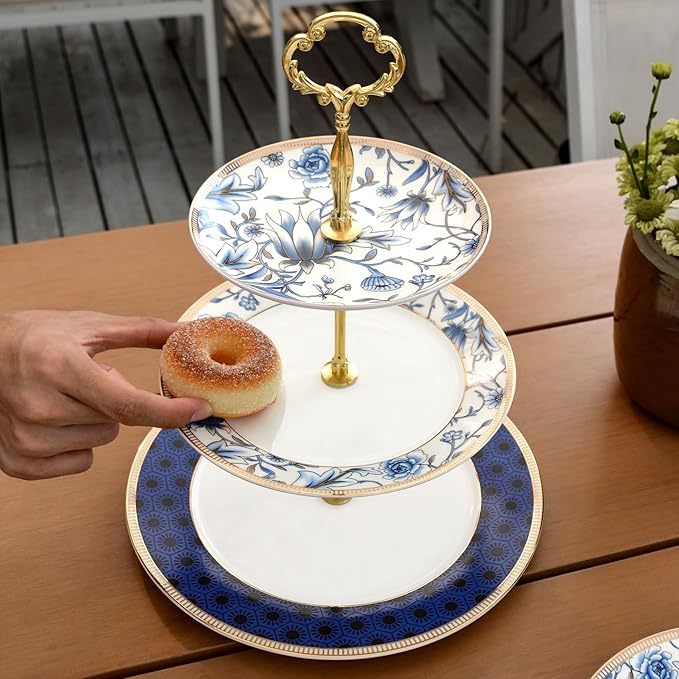 ACMLIFE Porcelain Cake Stand, White and Blue Bone Cupcake Stand, 3 Tier Wedding Cake Stand, Dessert Stand, Afternoon Tea Display Stand (Bone china 3)