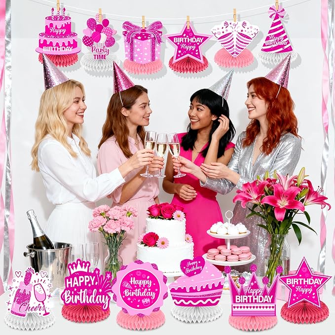 12Pcs Hot Pink Birthday Decorations Honeycomb Centerpieces for Women Girls, Hot Pink Happy Birthday Table Centerpieces for Kids Teens Adults Birthday Party Table Topper Sign Decor Supplies