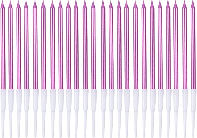 by Tugba Aydan - Pink Birthday Candles, 24 Pack, Long Thin Metallic Cake Candles with Holders, Elegant Pink Candles for Cakes, Cupcakes & Parties
