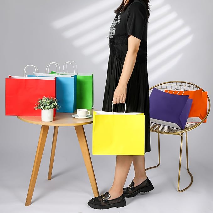 SUNCOLOR Large Paper Gift Bags with Handles, Rainbow Colors, 13x10x5.5 Inch, 24 Pack, for Birthday, Wedding, Shopping