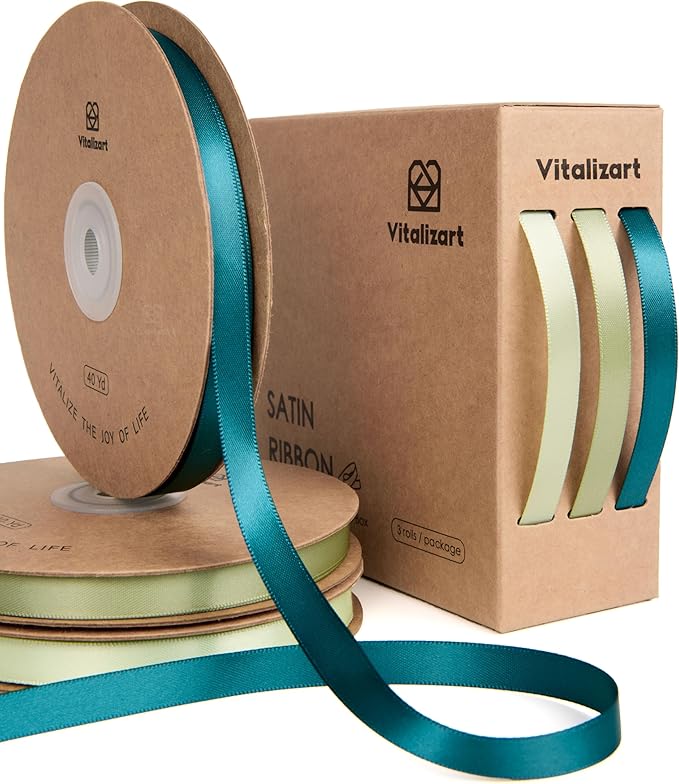 Vitalizart Green Satin Ribbon 3/8” x 3 Rolls 120 Yards Ribbon for Gift Wrapping Hair Craft Party Decoration Flower Bouquet Wedding Double Face Light Sage Dark Green
