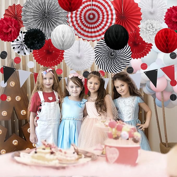 Red and Black Party Decorations, 23Pcs Hanging Paper Fans Party Decoration with Honeycomb Balls and Pom Poms Flowers for Birthday Wedding Graduation Game Night Boy Girl Party Decorations