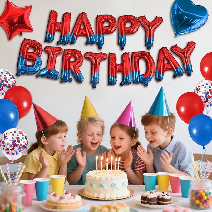 CANREVEL Happy Birthday Banner 16 Inch Mylar Foil Letters with Star & Heart Balloons Spider Theme Birthday Party Decorations for Kids and Adults - 30 Pcs Red & Blue