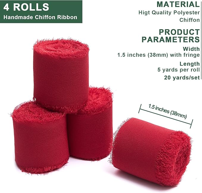 4 Rolls Red Handmade Fringe Chiffon Silk Ribbon 1.5" W x 5Yd Per Roll,Frayed Edges Ribbon Set for Gifts Wrapping,Wedding Invitations,Bouquets,DIY Crafts (1.5" x20Yd, Red)