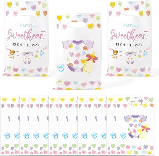 Haooryx Conversation Heart Party Favor Bag - 50Pcs Colorful Love Heart Plastic Goodie Candy Treat Bag with Handle Gift Wrap Decor for Kids Girls Baby Shower Birthday Gift Wrap Decoration Party Favor