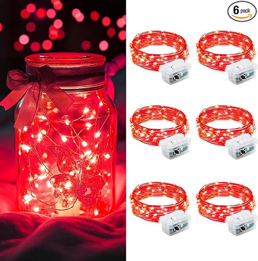 AIKEI 6 Pack LED Fairy Lights Battery Operated, Mini String Lights Waterproof 7ft 20 Led Firefly Starry Lights for Wedding Party Bedroom Garden Christmas Decoration Red