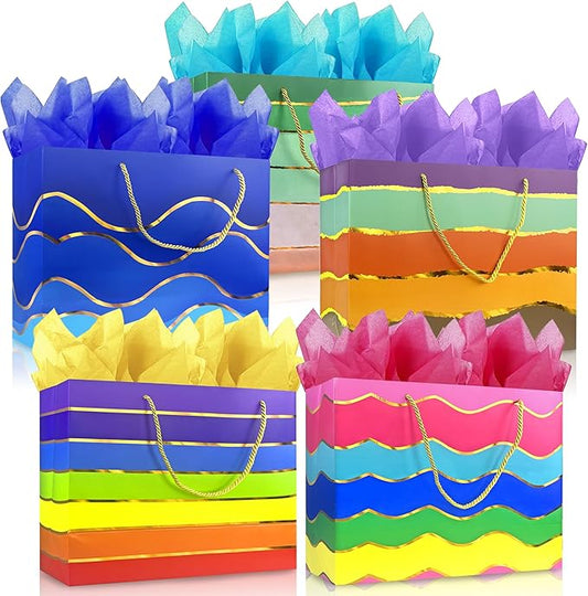 MUMULULU 5 Pack 16" Extra Large Gift Bags with Handle and Tissue Paper Birthday Gift Bags Rainbow Gift Bags for Birthday Party Baby Shower Wedding Holiday Presents