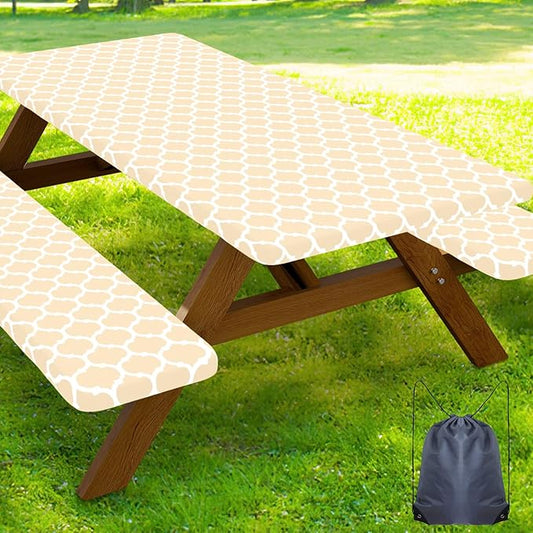 Smiry Picnic Table Cover with Bench Covers, Waterproof Elastic Fitted Tablecloth for 6 Foot Tables, Washable Polyester Tablecloths for Camping, Indoor & Outdoor (Beige, 30x72 Inch 3-pc Set)