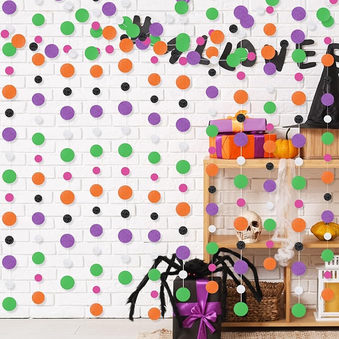 Outus 10 Pieces Orange,Black,Purple,Green,White Round Dots Garland Graduation Party Hanging Decor Each Length 13.1ft Glitter Paper Dot Streamers for Birthday Wedding Classroom Supplies