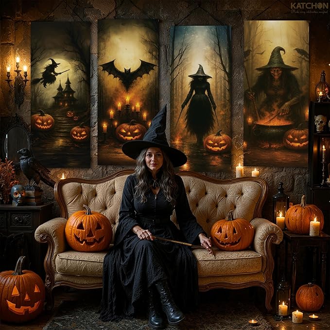 KatchOn, Large Spooky Witch Pumpkin Banner Set – 47x16 Inch, Pack of 4 | Halloween Decorations Indoor | Halloween Hanging Pictures for Photo Backdrop | Haunted Mansion Hanging Banner Decorations