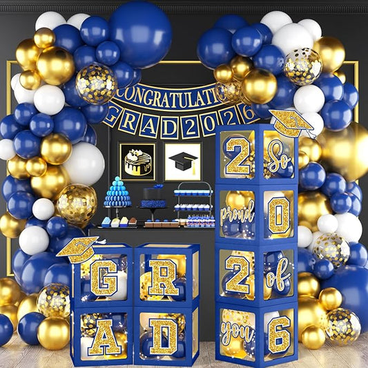 Graduation Decorations Class of 2026,Blue and Gold Graduation Decorations Class of 2026,Blue Balloon Arch Grad Boxes with Letters 2026 So Proud of You Grad 2026 for College Graduation Party Supplies