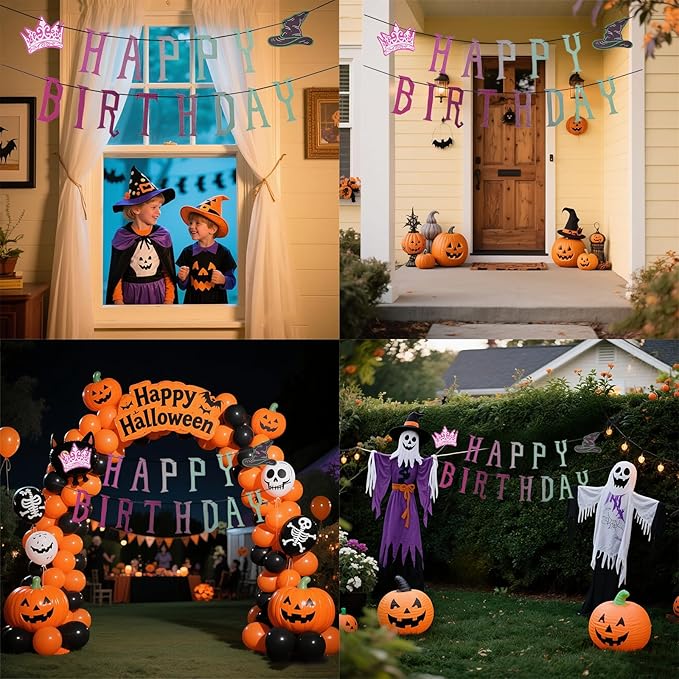 Witch Theme Happy Birthday Banner, Pre-Strung Glitter Wicked Birthday Party Banner, Gradient Pink And Green Party Decorations Witch For Wicked Party Decor Photo Backdrop Props Supplies