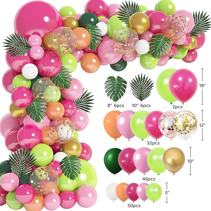 146Pcs Tropical Balloons Garland Arch Kit, Hawaiian Luau Tropical Aloha Flamingo Party Decorations Hot Pink Fruit Green Rose Gold Confetti Balloons Palm Leaves Birthday Baby Shower Wedding Supplies