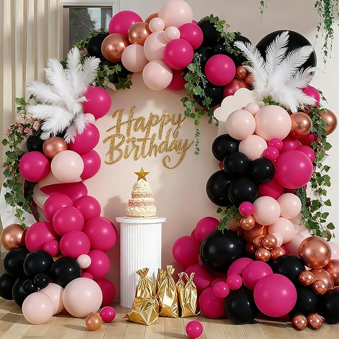 Hot Pink and Black Balloon Garland Arch Kit, 127pcs Latex Balloons for Sweet 16 Bachelorette Bridal Shower Coquette Birthday Party Decorations for Women and Girls
