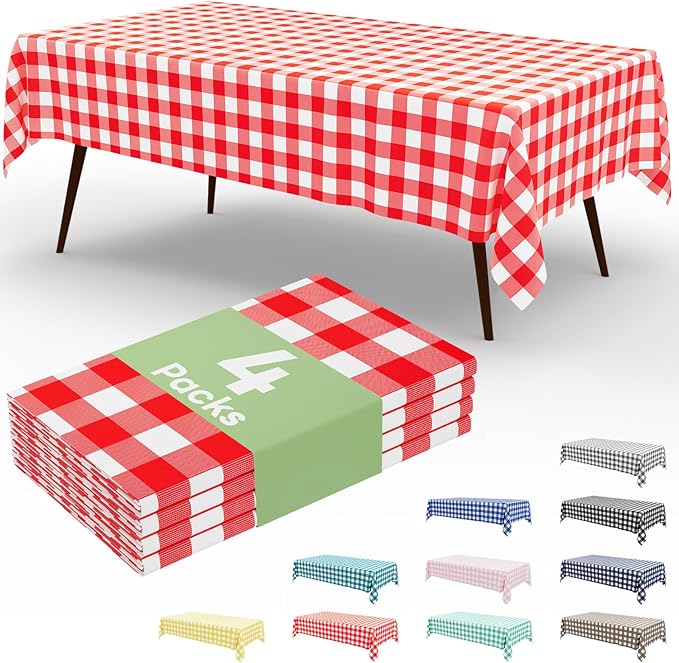 misaya 4 Packs Buffalo Disposable Table Cloth, 54 x 72 Inch Waterproof Plastic Tablecloth, Rectangle Red and White Checkered Table Covers for Picnic, Birthday, Party