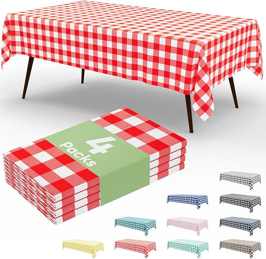 misaya 4 Packs Buffalo Disposable Table Cloth, 54 x 72 Inch Waterproof Plastic Tablecloth, Rectangle Red and White Checkered Table Covers for Picnic, Birthday, Party