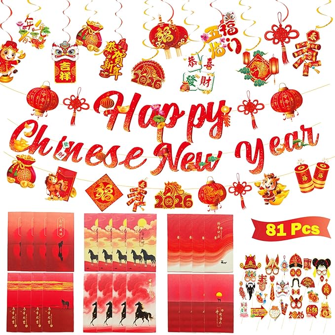 81 Pcs Chinese New Year Red Envelopes Set, Horse-Year Hong Bao Red Packets Party Banners Swirls Selfie Photo Booth Props for Festival Gifts, Chinese Decors Party Favors for Bithday Home Office