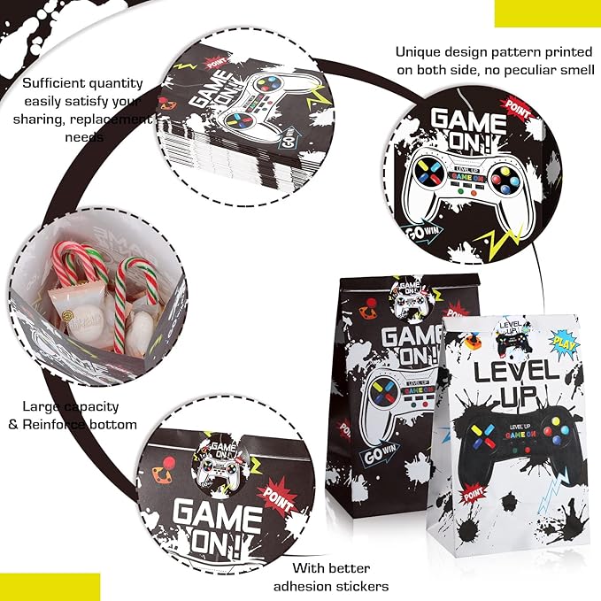 Geosar 30 Pack Video Game Party Favor Paper Bags Game on Goodie Candy Gift Bags with 30 Stickers Level up Reusable Goodie Treat Snacks Supplies for Boys Kids Gaming Birthday Party(White, Black)