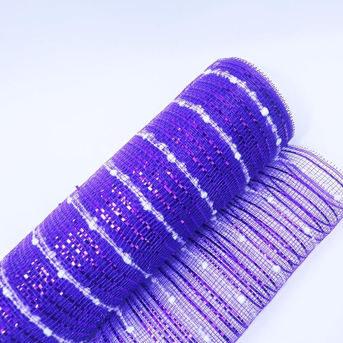 3 Rolls Purple Snowball Deco Mesh Ribbon for Wreath Making Supplies, 10 Inch x 30FT Metallic Foil Burlap Deco Mesh Fabric for DIY Crafts Christmas Tree Wreath Swags and Decorating