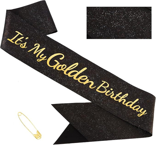 It's My Golden Birthday Sash - Black Glitter with Gold Foil Golden Birthday Sash for Women Girls Funny Party Favor Supplies Accessories