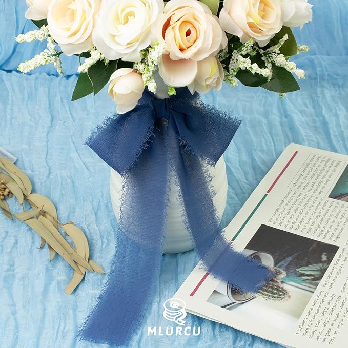 Slate Blue Chiffon Ribbon - 1-1/2 Inch x 21 Yards, Handmade Fringe, Silk, Boho Frayed, Dark Blue, Gift Wrapping, Wedding Invitation, Bridal Flower Bouquets