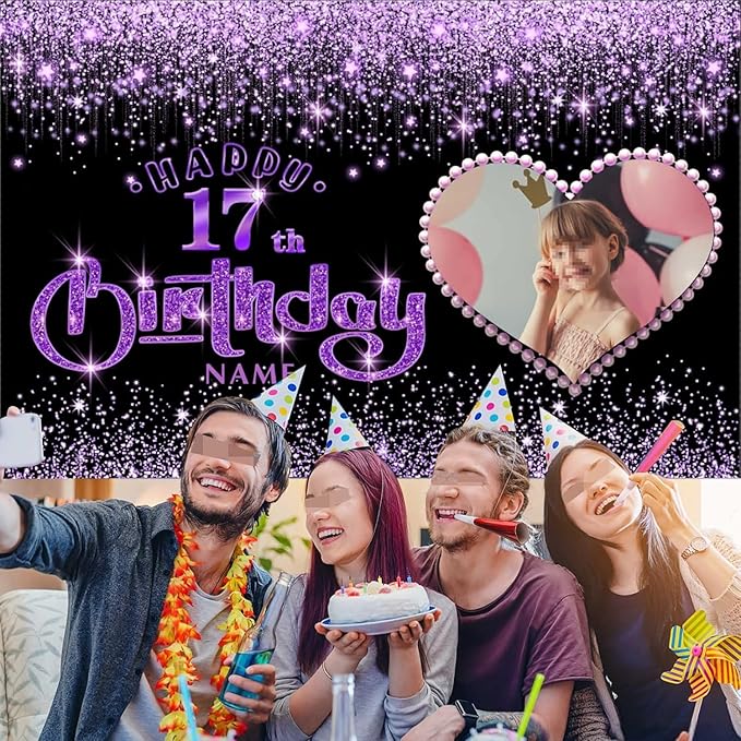 Dicodes Customizable Happy Birthday Decoration Banner - Black and Purple Shiny - Large Size