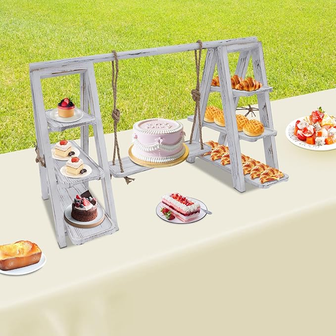 mignonnememe Wooden Cupcake Stand 3 Tier Cake Pop Stand Dessert Table Display Set with Serving Tray and Folding Stand for Party Birthday Wedding (White)
