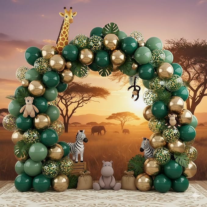Sage Green and Gold Balloons, 12 Inch Emerald Forest Hunter Dark Green Metallic Gold Latex Balloon with Confetti Balloon for Wild One Jungle Birthday Graduation Safari Baby Shower Decorations Supplies