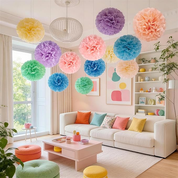 EASY JOY 15PCS Pastel Paper Tissue Pom Poms Decoration Macaron Rainbow Candy Ice Cream Easter Flowers Wall Hanging Decor for Birthday Wedding Baby Shower