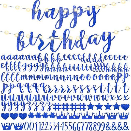 TaoBary 167 Pcs DIY Banner Kit Happy Birthday Glitter Banner Customizable Glitter Make Your Own Kit 162 Letters Symbols and Numbers 3 Rope for Birthday Halloween Wedding Christmas(Royal Blue)