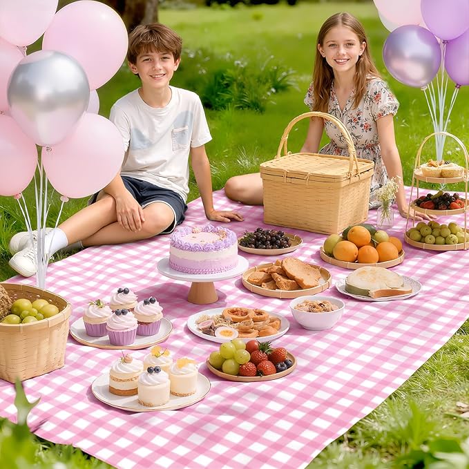 2 Pack Pink Striped Gingham Tablecloths, 54 x 108 Inch Disposable Plastic Rectangle Table Covers, Waterproof Pink and White Checkered Pink Table Cloths for Picnic, Birthday, Party, Outdoor Events