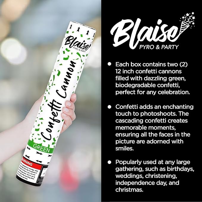 Blaise Pyro & Party Green Confetti Poppers - Easy to Use Paper Confetti Poppers for Weddings, Birthdays, Anniversaries, & More - 2 Pack, 12 Inch