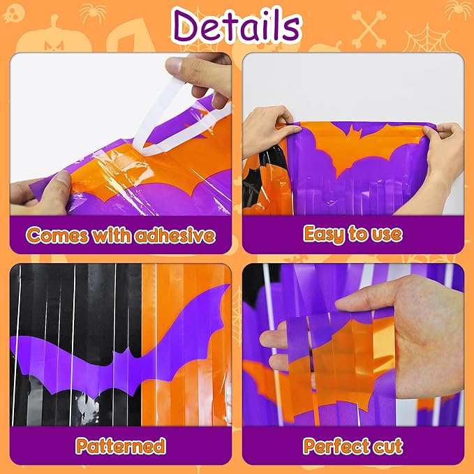 Halloween Party Decorations, 2 Pack Halloween Foil Fringe Curtains 3.3 X 6.6 ft, Orange Purple Black Bat Pattern Halloween Party Backdrop Photo Booth Props Streamers Halloween Birthday Party Supplies